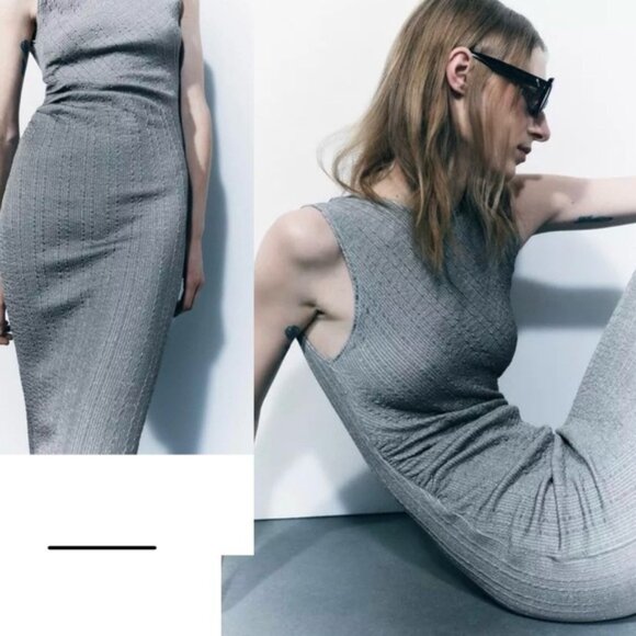 Zara Gray sleeveless textured metallic silver ruched bodycon maxi dress M NWOT - Picture 2 of 15